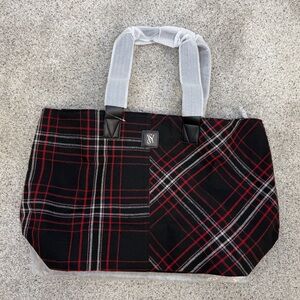 New Victoria's Secret Zipper Top Weekender Holiday Black Red Plaid Tote Bag 2025